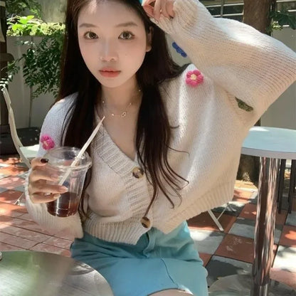 Applique Flower V-Neck Knit Cardigan for Women