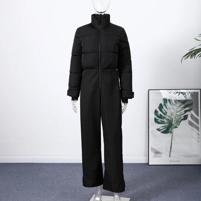 Casual Fur-Trimmed Hooded Ski Suit Women Warm Jumpsuit