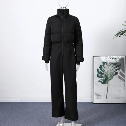 Casual Fur-Trimmed Hooded Ski Suit Women Warm Jumpsuit