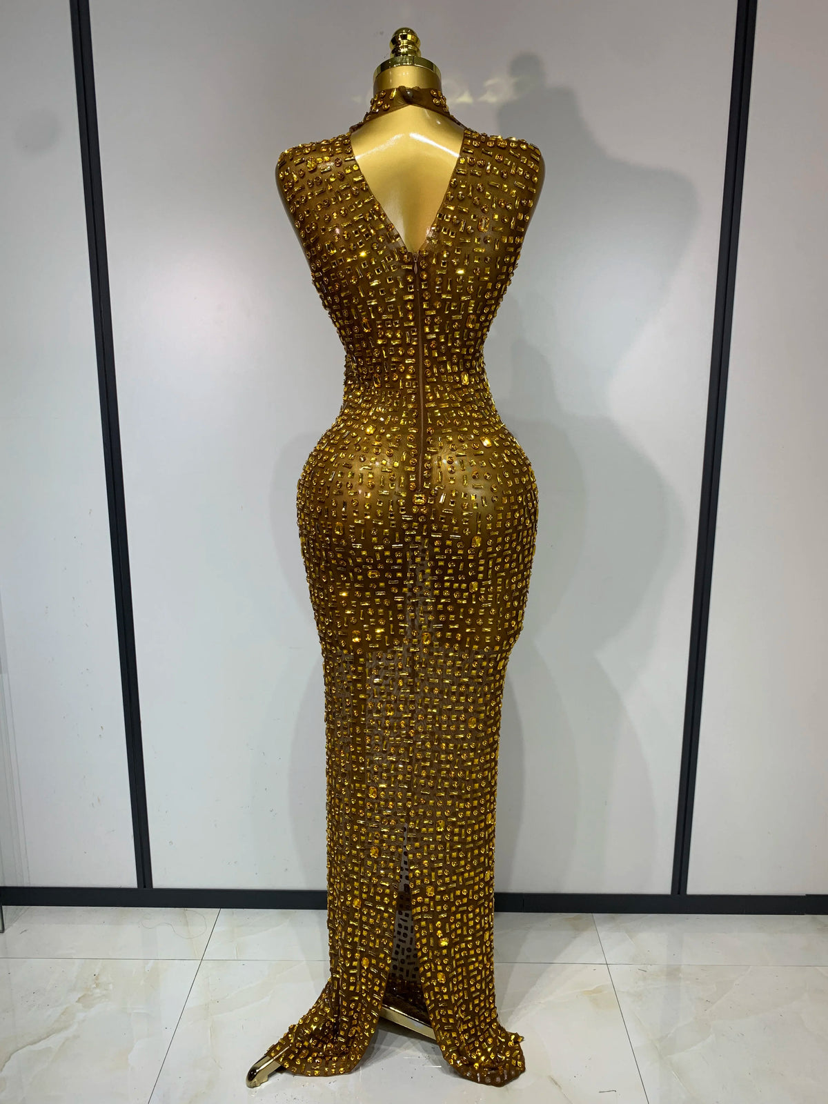 Gold Rhinestone Sleeveless Long Dress for Women