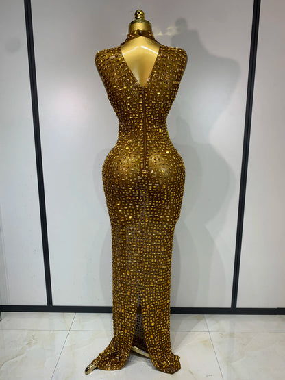 Gold Rhinestone Sleeveless Long Dress for Women