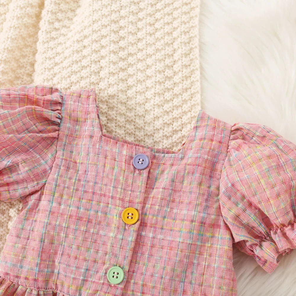 Summer Baby Girl Cotton Plaid Bubble Sleeve Set