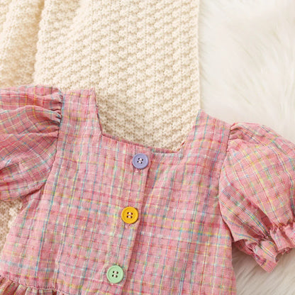 Summer Baby Girl Cotton Plaid Bubble Sleeve Set