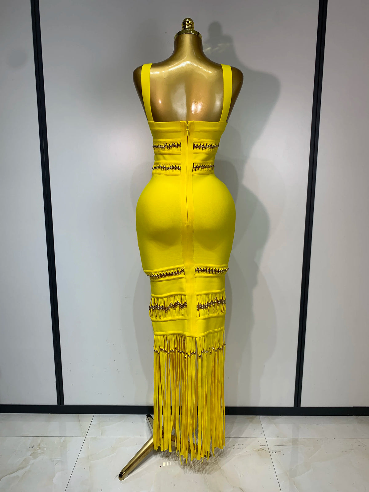 Women Sleeveless Square Collar Tassel Bodycon Dress