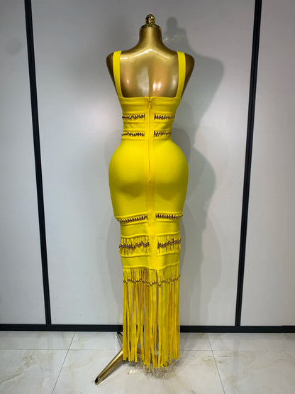 Women Sleeveless Square Collar Tassel Bodycon Dress