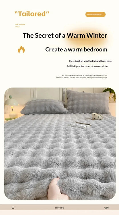 Fluffy Plush Fitted Bed Sheet Rabbit Fleece Solid Color