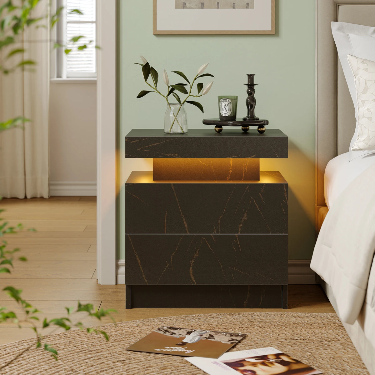Cubehom White LED Nightstand with 2 Drawers