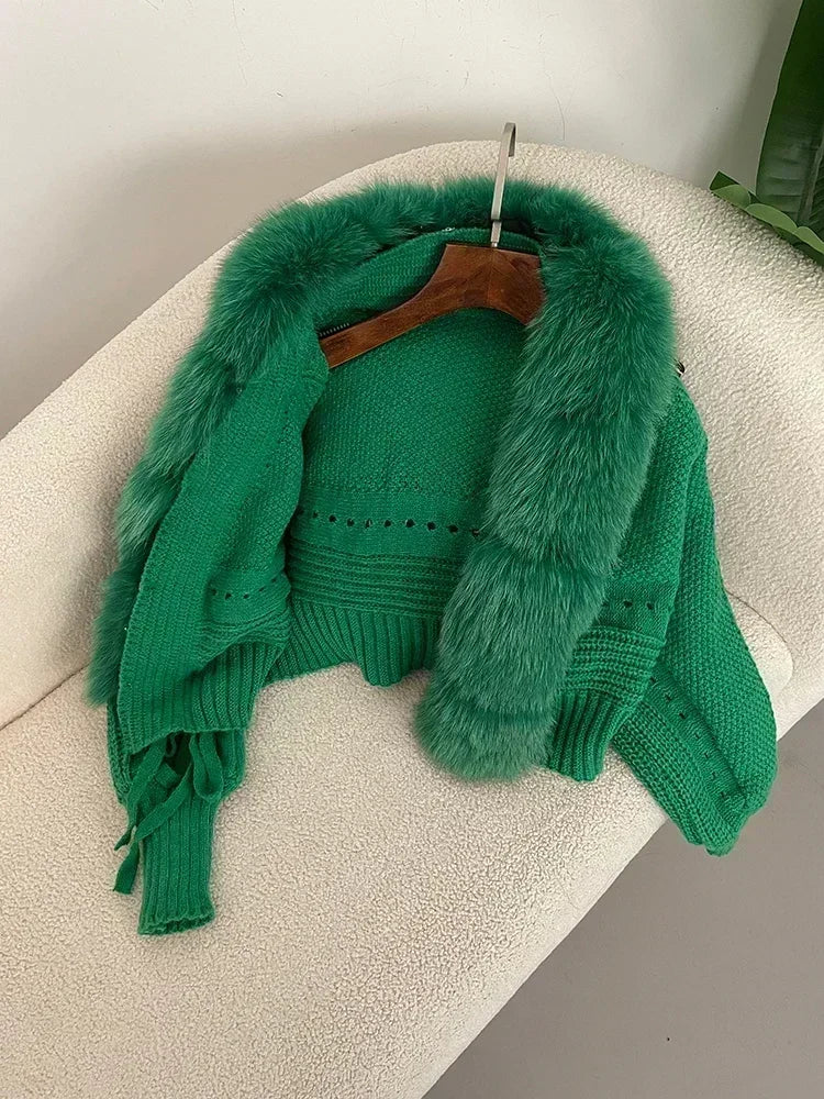 Knitted Cardigan Coat for Women with Real Fox Fur