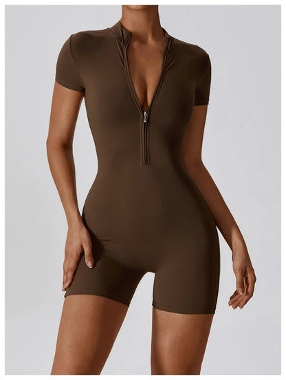 Summer Zipper Short Sleeve Yoga Bodysuit for Women