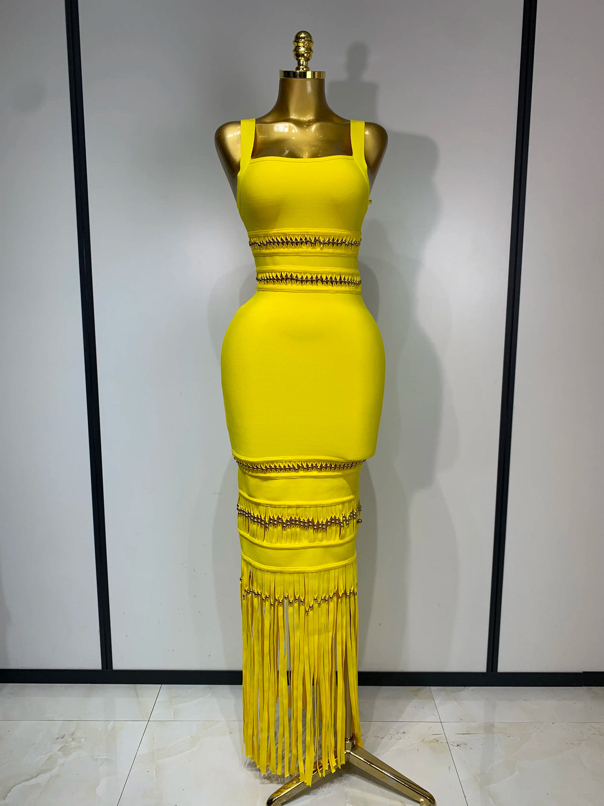 Women Sleeveless Square Collar Tassel Bodycon Dress