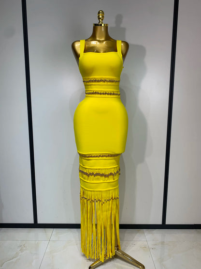 Women Sleeveless Square Collar Tassel Bodycon Dress