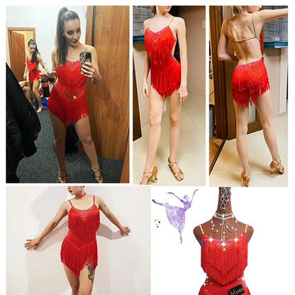Latin Dance Dress with Rhinestones and Tassels in Red and White