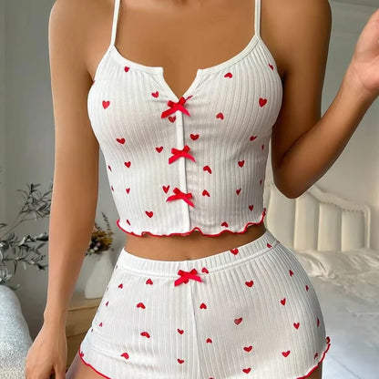 Heart Print Silk Satin Women Pajamas Set