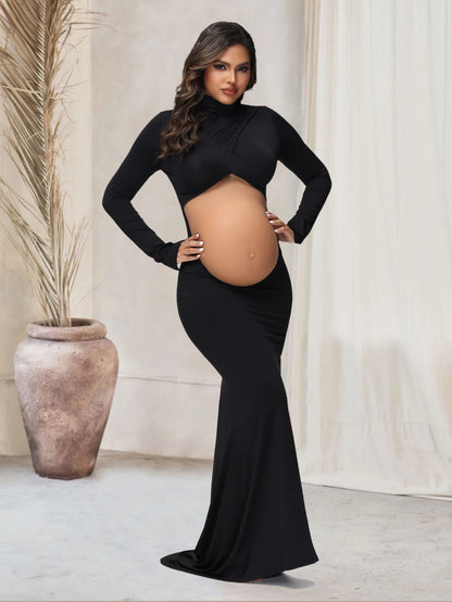 Maternity Maxi Gown Turtleneck Bodycon Dress