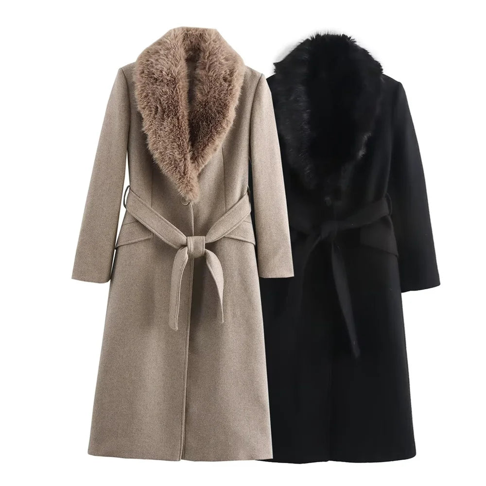 Women's Long Polyester Coat with Fur Collar and Pockets