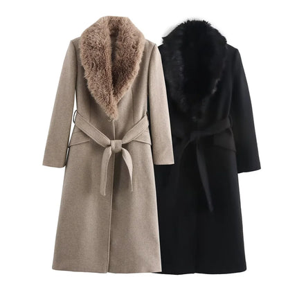 Women's Long Polyester Coat with Fur Collar and Pockets