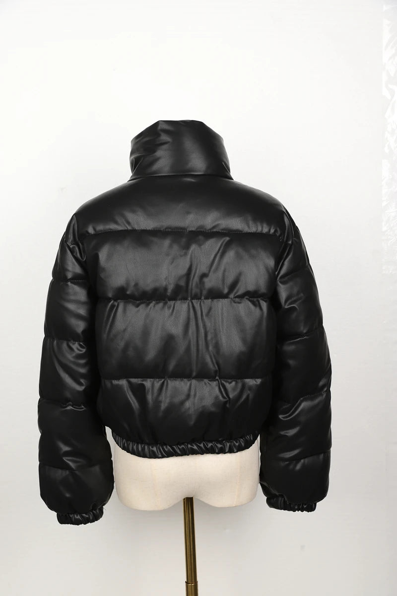 Black PU Leather Women's Winter Parka Jacket