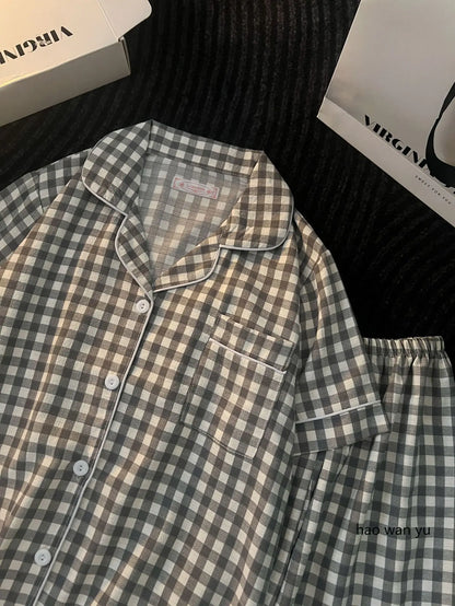Japanese Minimalist Women's Pink Plaid Pajamas