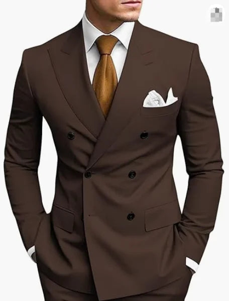 Brown Men's Slim Fit Double Breasted Suit Blazer