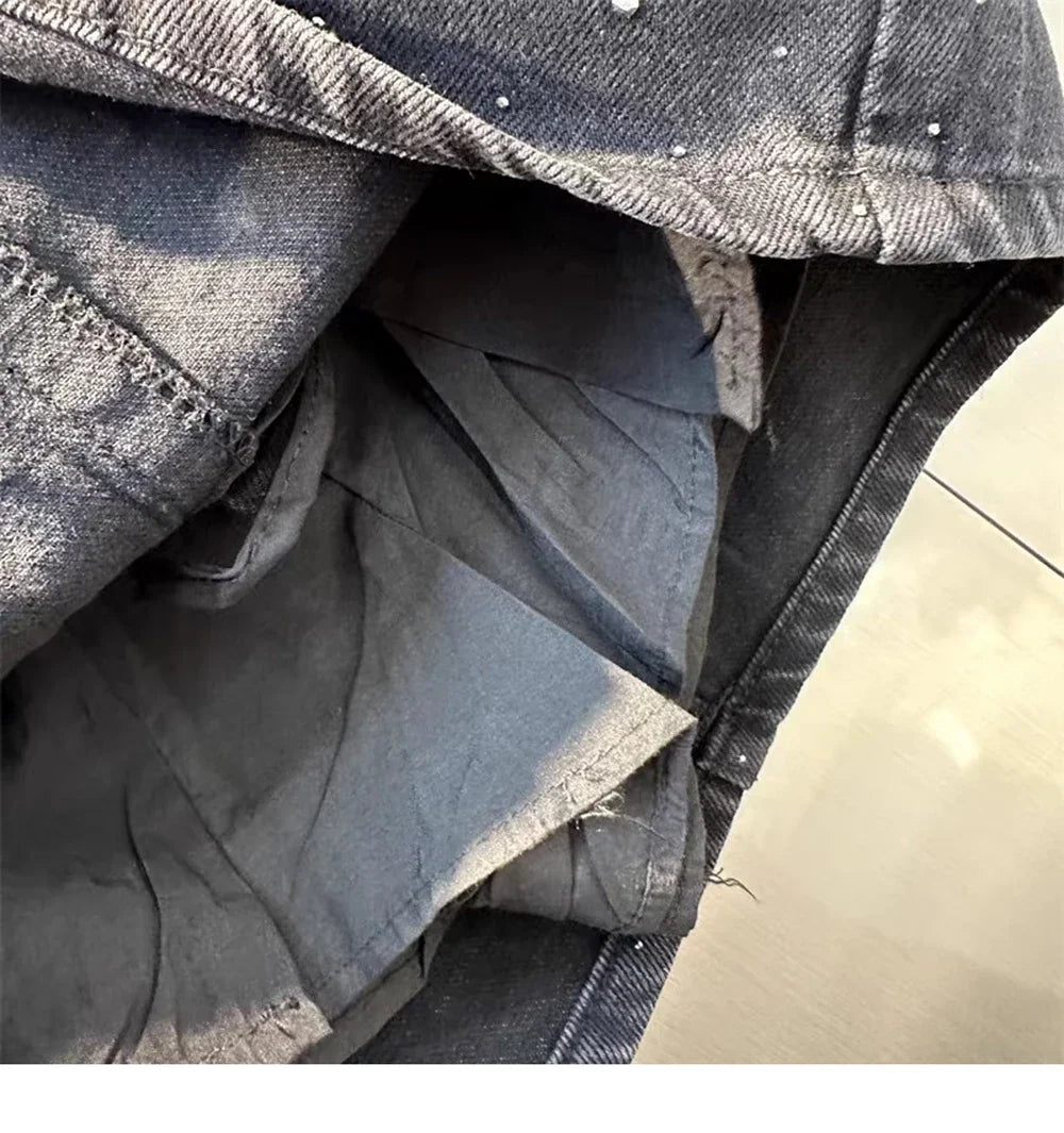 Oversize Diamond Denim Mini Skirt Women Gradient Black Grey