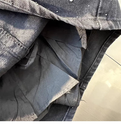 Oversize Diamond Denim Mini Skirt Women Gradient Black Grey