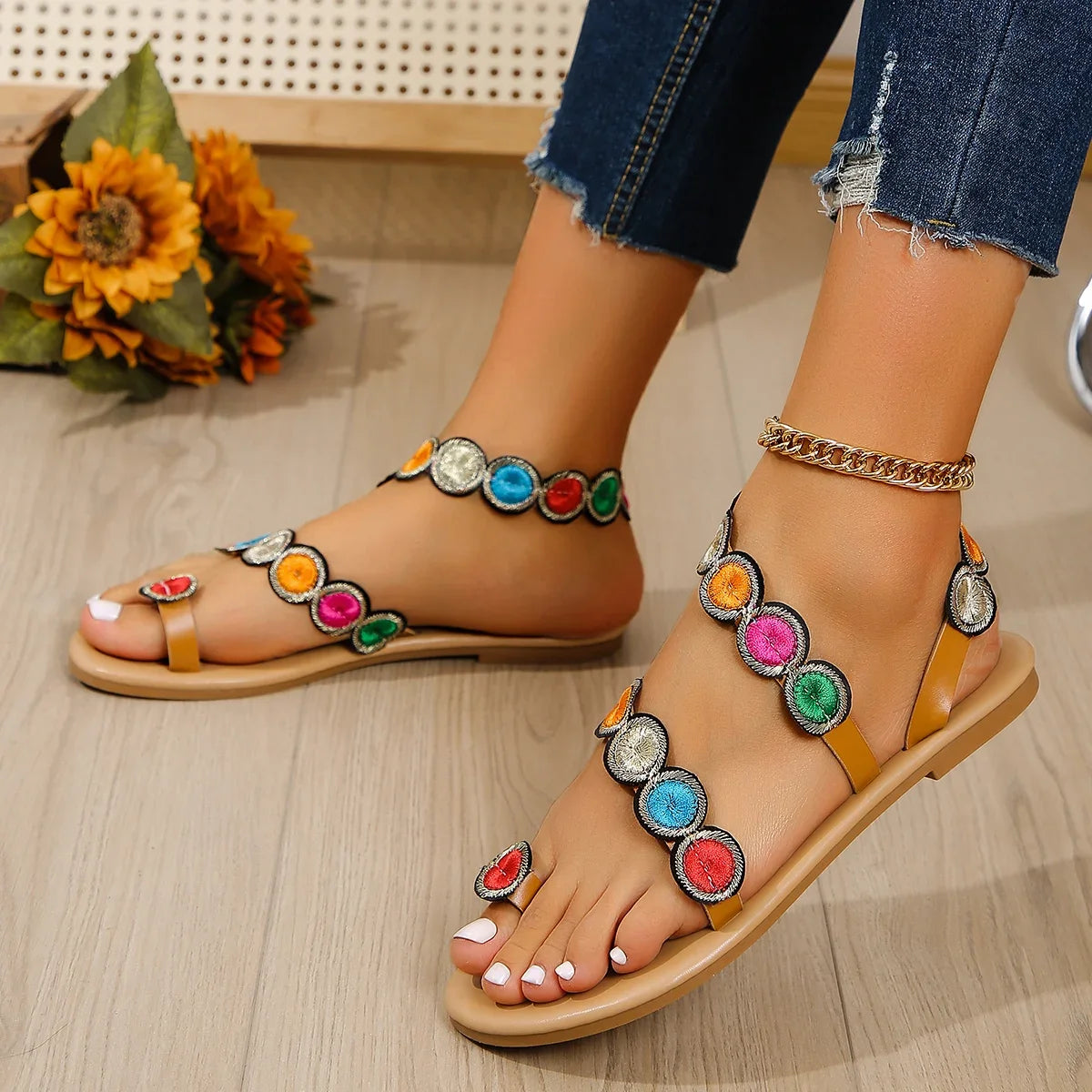 Yellow Faux Flower Embroidered Flat Sandals Size 43