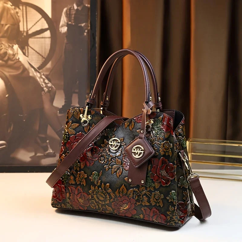 Vintage Floral Pattern PU Leather Handbag