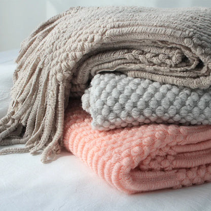 Khaki Knitted Acrylic Blanket with Tassels