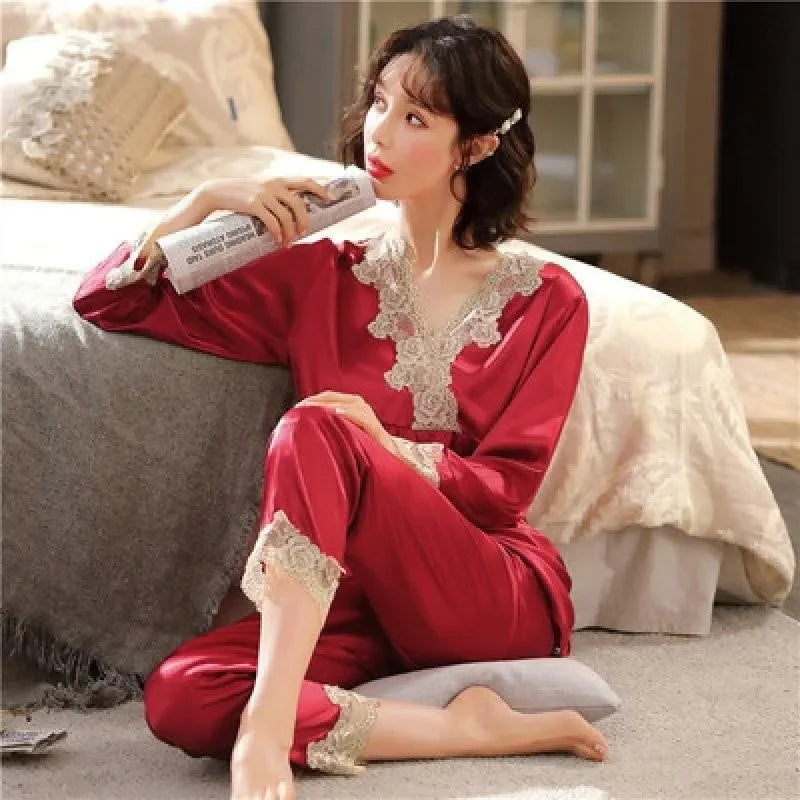 Girls' Long-Sleeved Lace Green Silk Pajamas Set