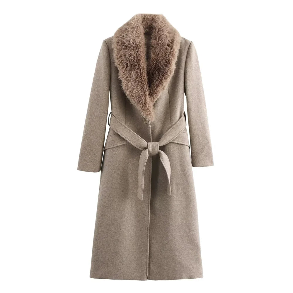 Women's Long Polyester Coat with Fur Collar and Pockets