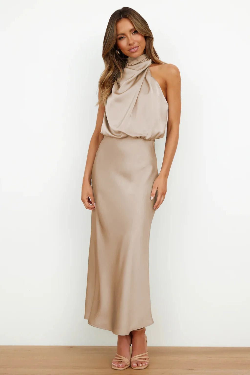 Elegant Silk Satin Sleeveless Long Dress for Women