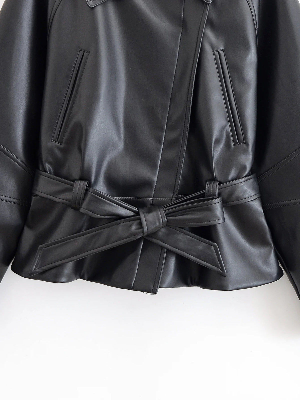 Black Faux Leather Vintage Trench Coat for Women
