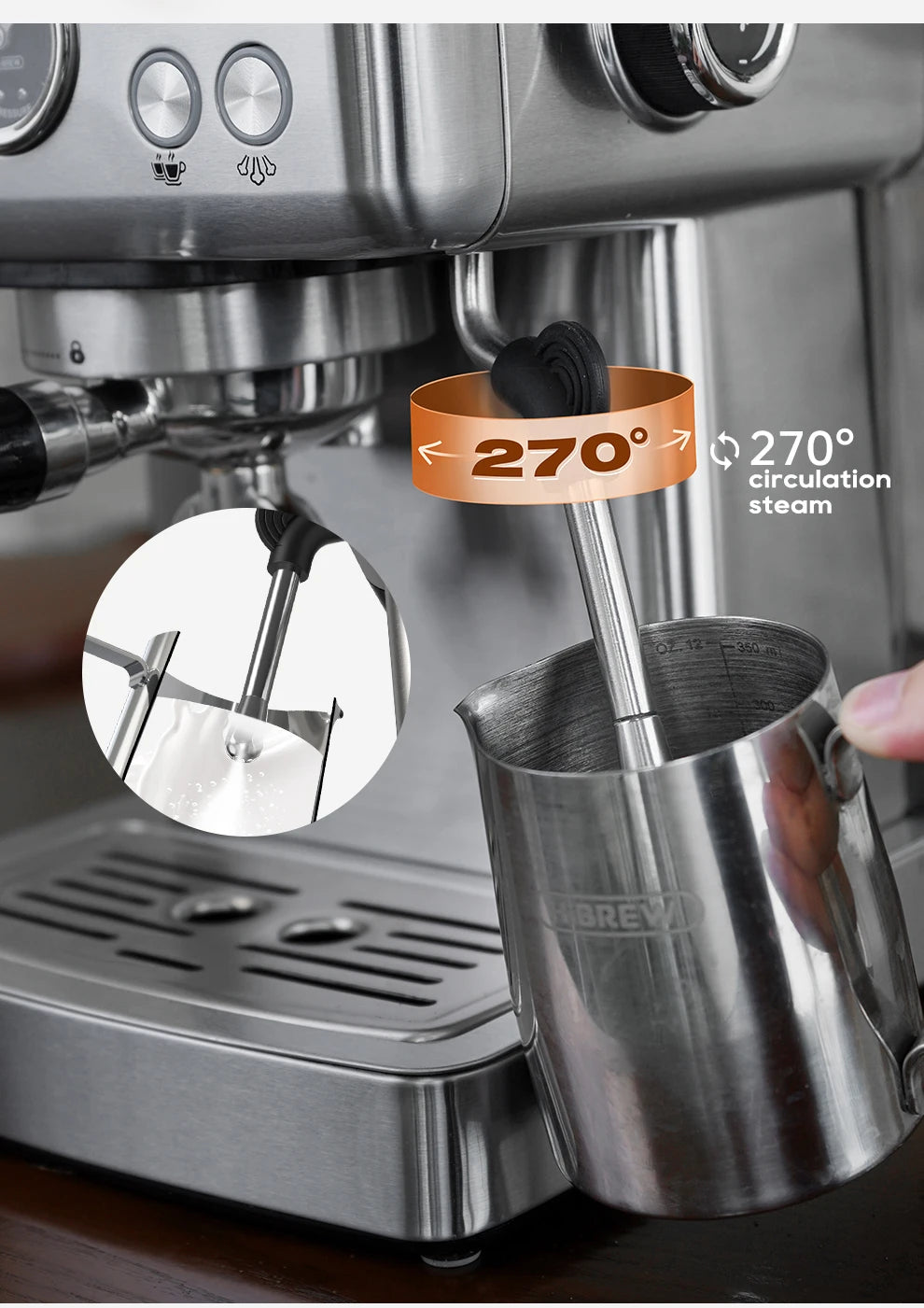 HiBREW 20Bar Semi Automatic Espresso Machine Stainless Steel