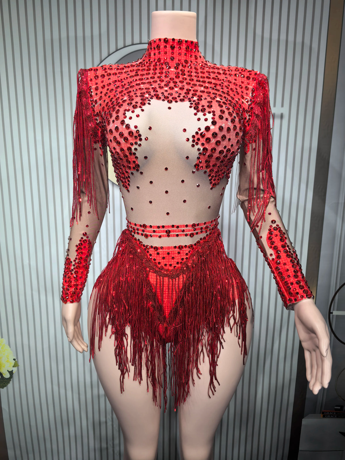 Rhinestone Tassel Elastic Bodysuit for Women
