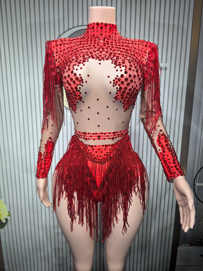 Rhinestone Tassel Elastic Bodysuit for Women