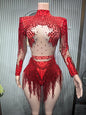 Rhinestone Tassel Elastic Bodysuit for Women