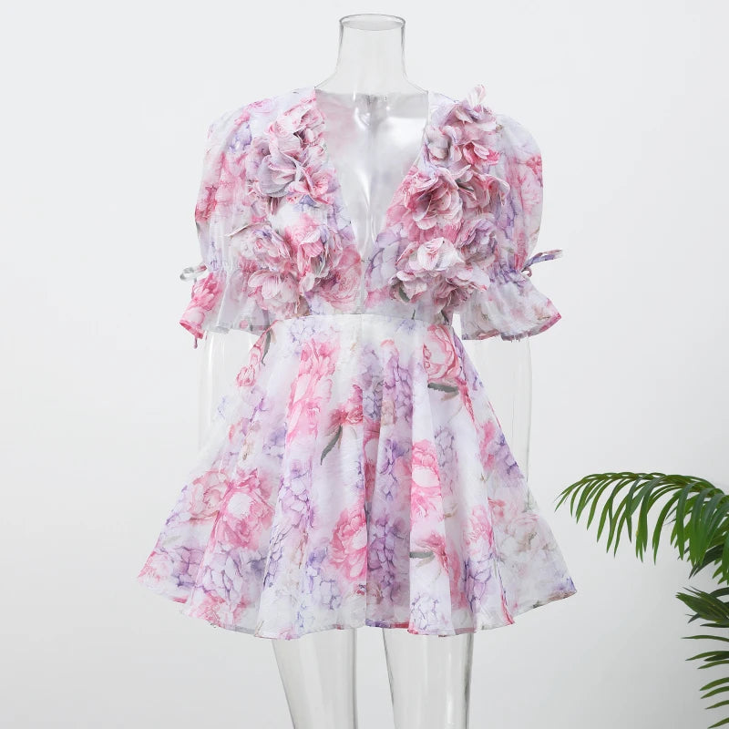 Women Tie-Dye Flower Deep V Neck Flare Sleeve Mini Dress