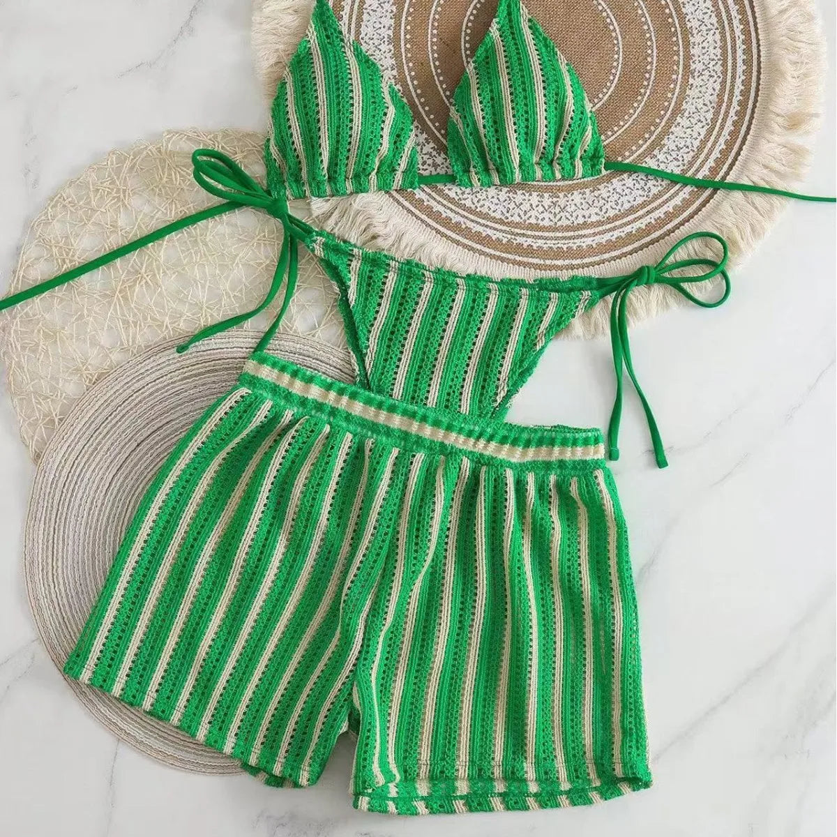 Mesh Three-Piece Women's Swimsuit with Lace-Up Detail