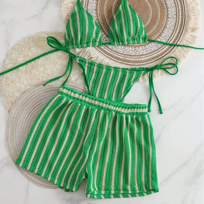 Mesh Three-Piece Women's Swimsuit with Lace-Up Detail
