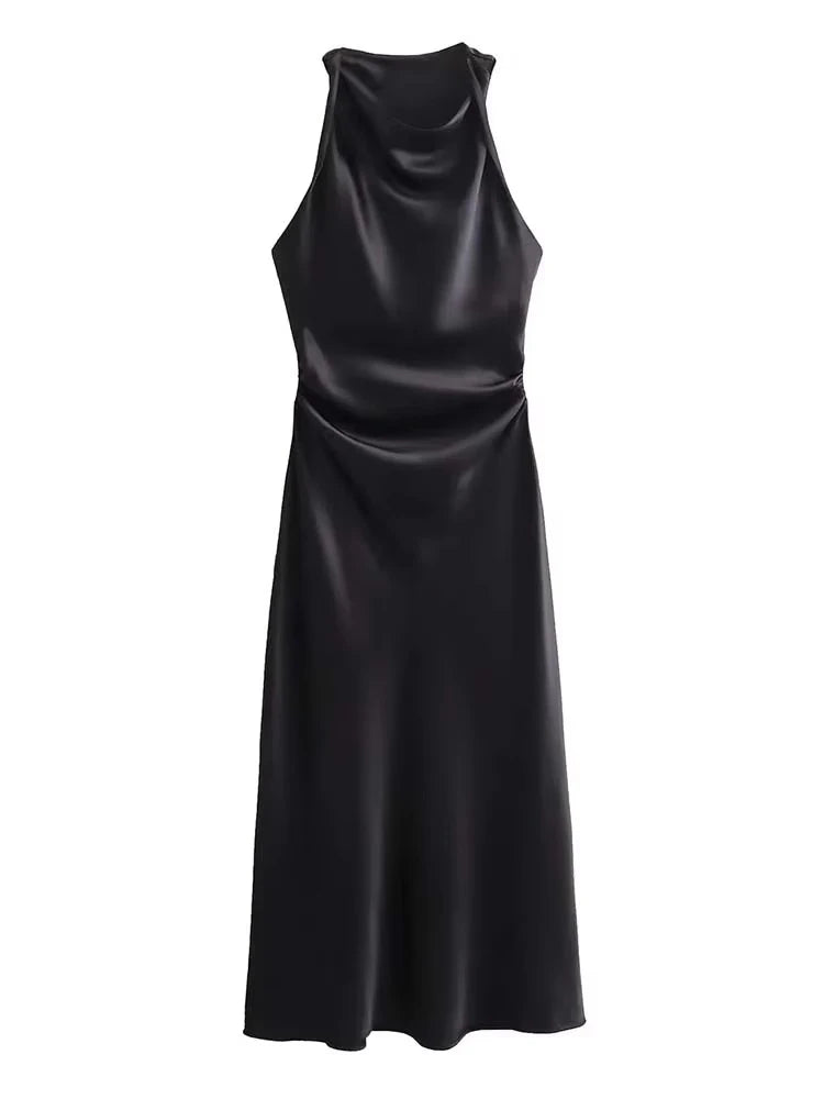 Satin Midi Dress for Women Sleeveless Elegant Evening Dress