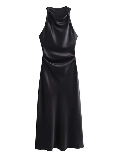 Satin Midi Dress for Women Sleeveless Elegant Evening Dress
