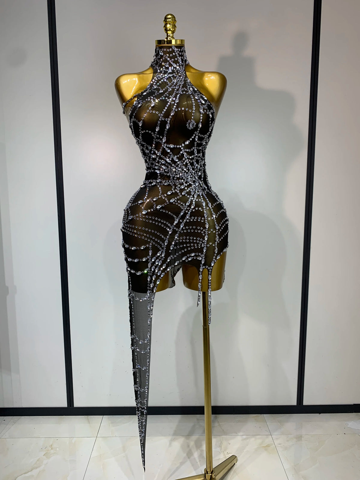 Black Mesh Crystal Diamond Bodycon Dress for Women