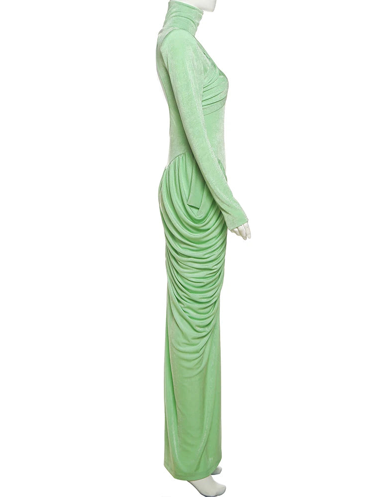 Maxi Dress Women Turtleneck Full Sleeve Backless