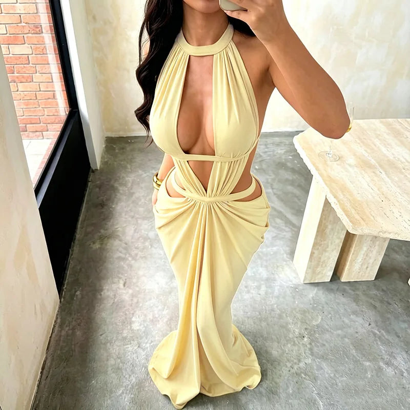 Khaki Halter Cut-Out Maxi Dress for Elegant Parties