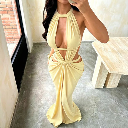 Khaki Halter Cut-Out Maxi Dress for Elegant Parties