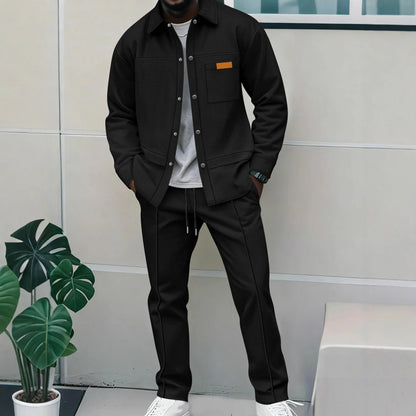 Men's Casual Waffle Pocket Jacket Set in Polyester