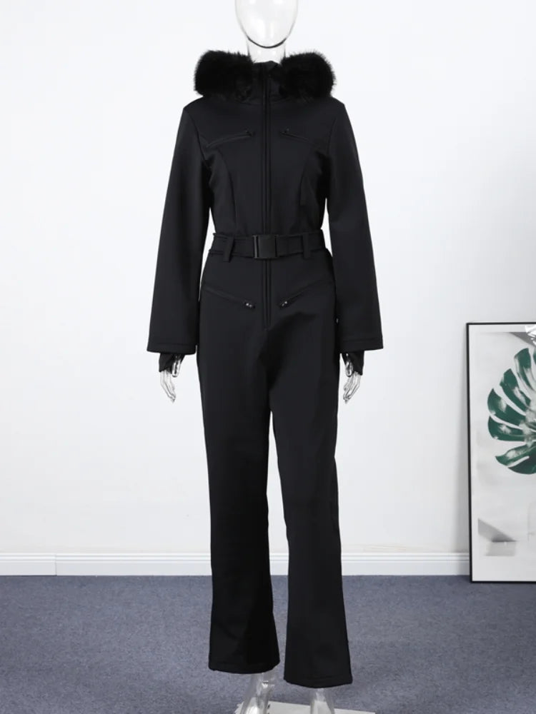 Casual Fur-Trimmed Hooded Ski Suit Women Warm Jumpsuit