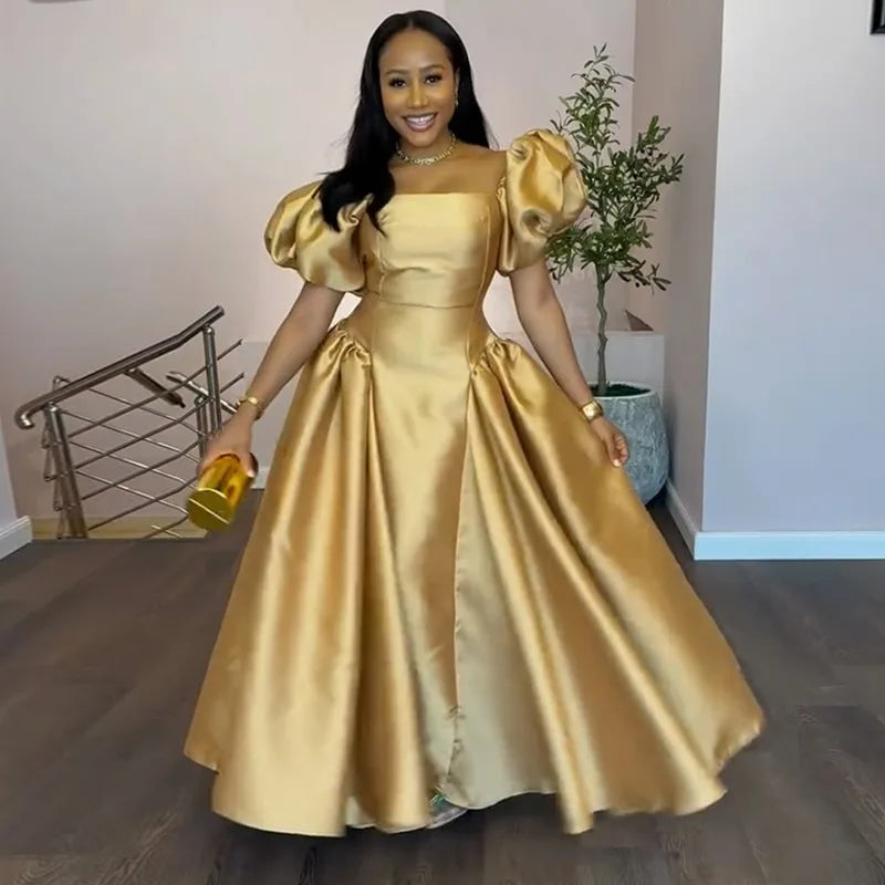 Gold Solid A-line Maxi Dress with Puff Sleeves