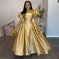 Gold Solid A-line Maxi Dress with Puff Sleeves