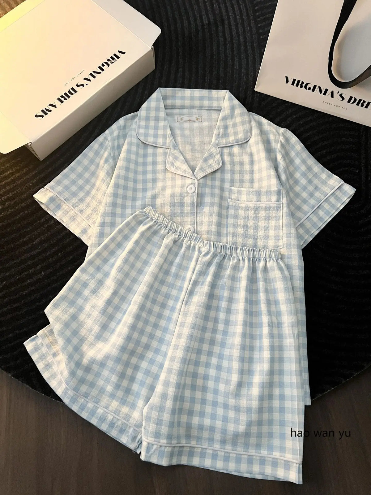 Japanese Minimalist Women's Pink Plaid Pajamas